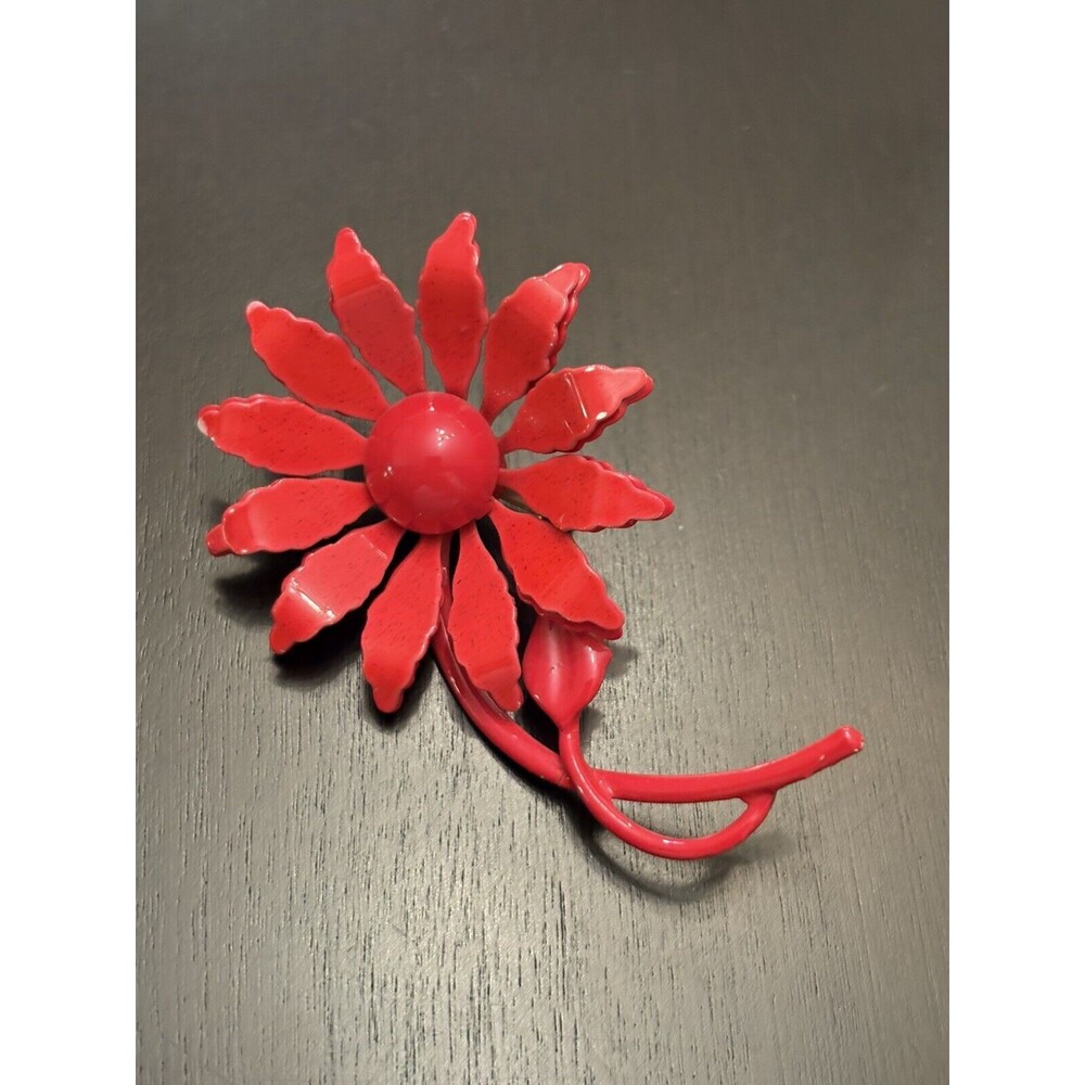 Vintage Enamel Red Petal Flower Long Stem Brooch